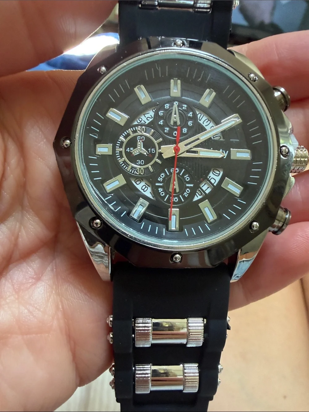 Gaiety ~ Men's Black Sport Chronograph Watch New Black Nylon & Silver